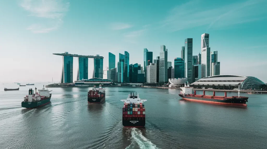 A photo of a maritime scene with multiple ships using renewable diesel, sailing in the Singapore Strait.